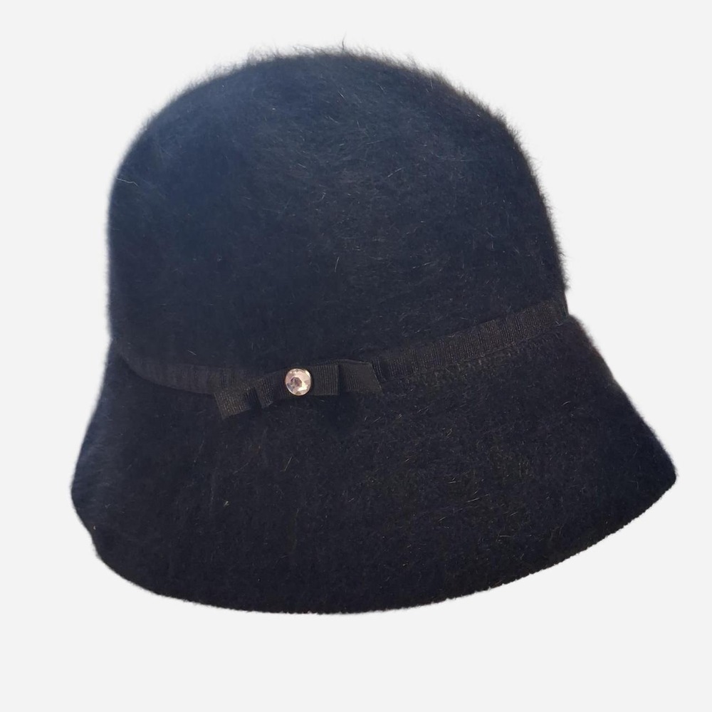 Womens Black rabbit hair, olefin, nylon, wool & polyester bucket hat with bow